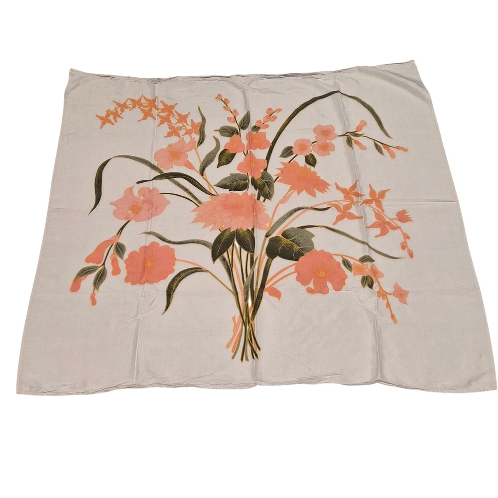 Vintage Floral Jacquard Square Scarf Grey Coral Pink Large Neckerchief 31x31